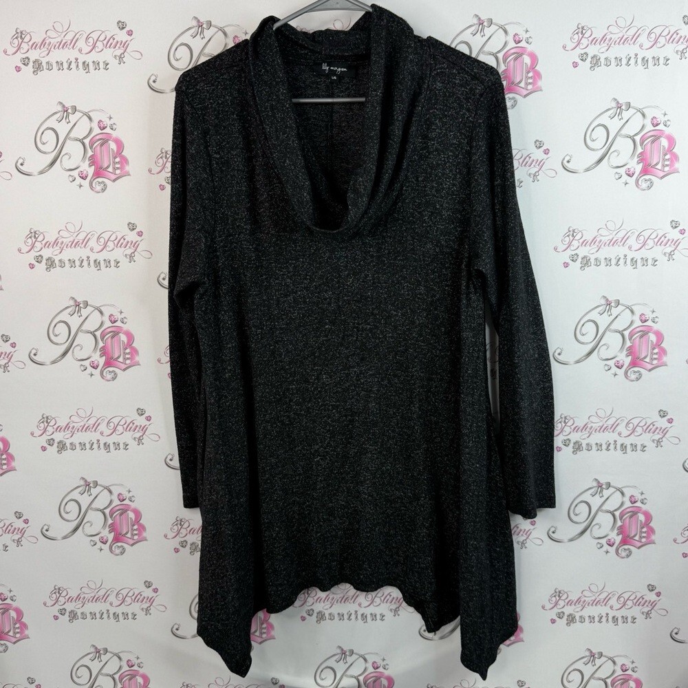 Lily Morgan sweater heathered speckeled Women's Black Cowl Neck Sweater